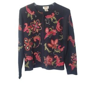 Talbots Black Wool Blend Floral Embroidered Knit Cardigan Sweater Jacket Size M